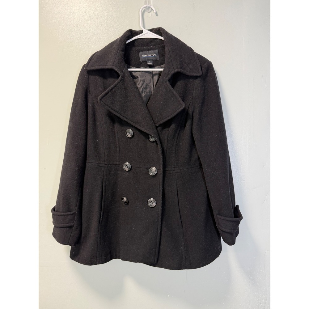 London Fog Womens Black Double Breasted Wool Blend Pea Coat Jacket Large L‎